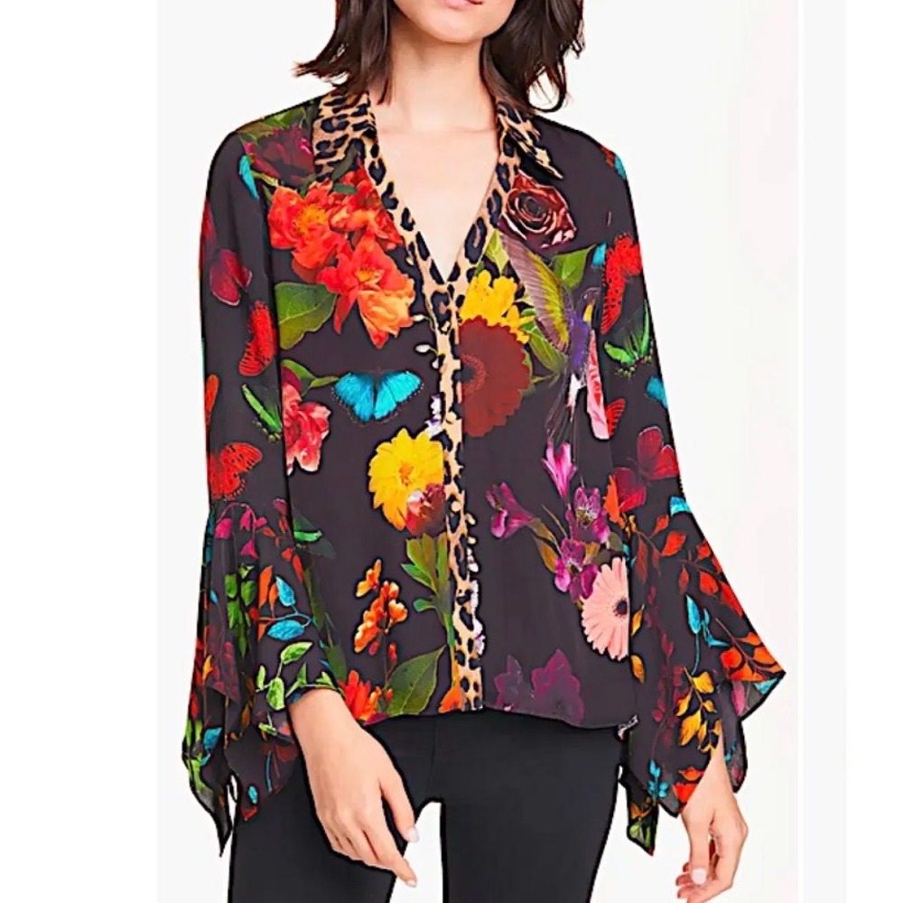 Alice + Olivia Willa Bell Sleeve Floral Butterfly Leopard Silk Top Black XS